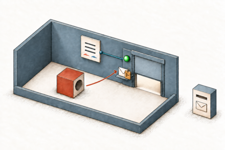 An agent submits an e-mail request with an ochre ⊢ proof tag. The checker linked to the signed contract shows a large green light, and the Airlock gate is halfway open. The e-mail service remains outside.