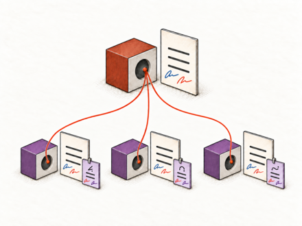 A terracotta agent delegates to three purple sub-agents. Each retains a copy of the parent contract signed in blue and red, with a distinct lavender addendum signed in red and purple.